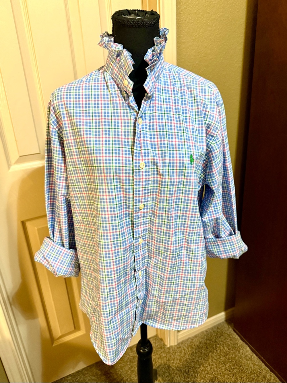 Upcycled Mens Ralph Lauren Pink, Blue & Green Plaid Button-Down Shirt - Picture 2 of 8